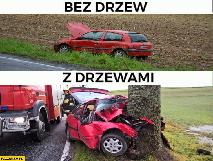 Bez drzew z drzewami wypadek samochodu porównanie