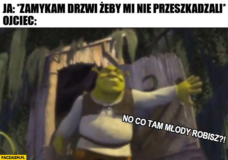 Ja: zamykam drzwi żeby mi nie przeszkadzali, ojciec Shrek no co tam młody robisz?