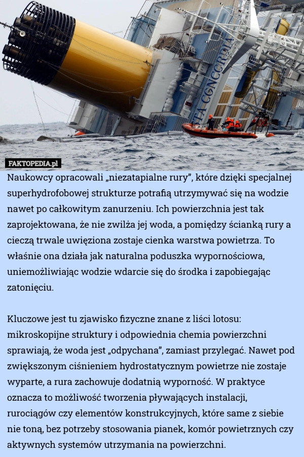 Naukowcy opracowali „niezatapialne rury”, które dzięki specjalnej superhydrofobowej