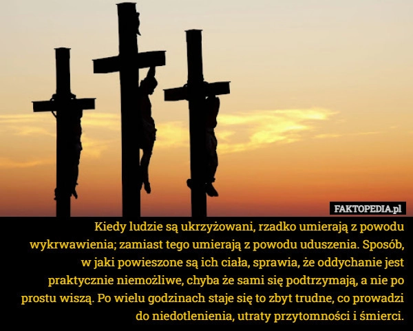 
    Kiedy ludzie są ukrzyżowani, rzadko umierają z powodu wykrwawienia; zamiast