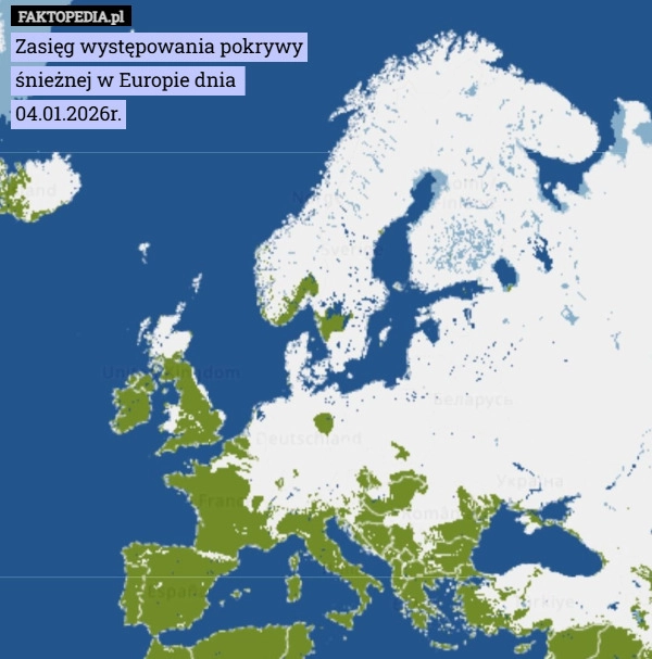 Zasięg występowania pokrywy śnieżnej w Europie dnia  04.01.2026r.