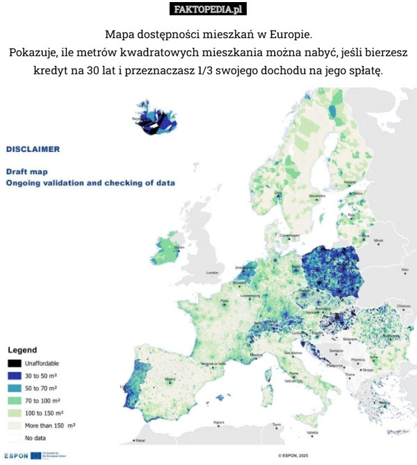 Mapa dostępności mieszkań w Europie.
Pokazuje, ile metrów kwadratowych mieszkania