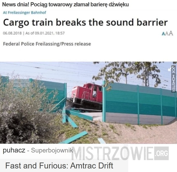 News dnia! Pociąg towarowy złamał barierę dźwięku