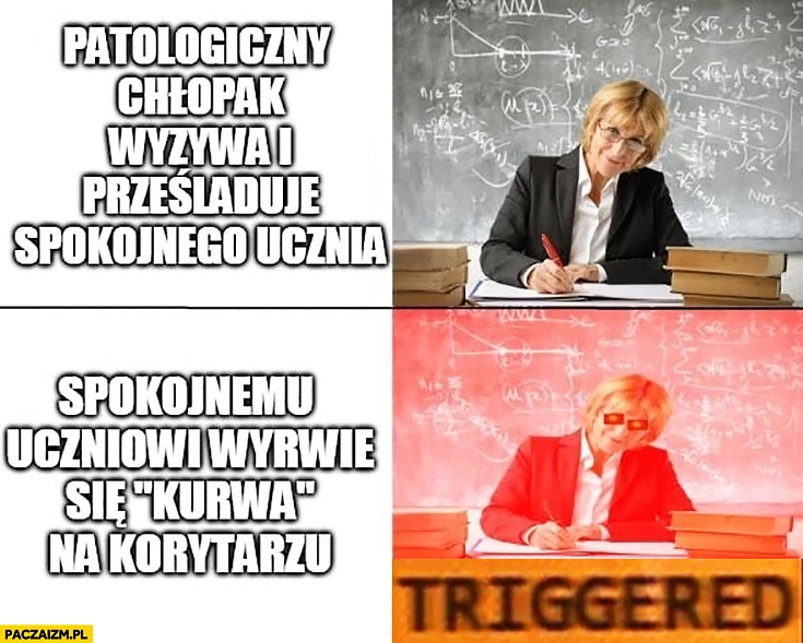 Typowa nauczycielka patologiczny chłopak wyzywa i prześladuje spokojnego ucznia vs spokojnemu uczniowi wyrwie się kurna na korytarzu triggered