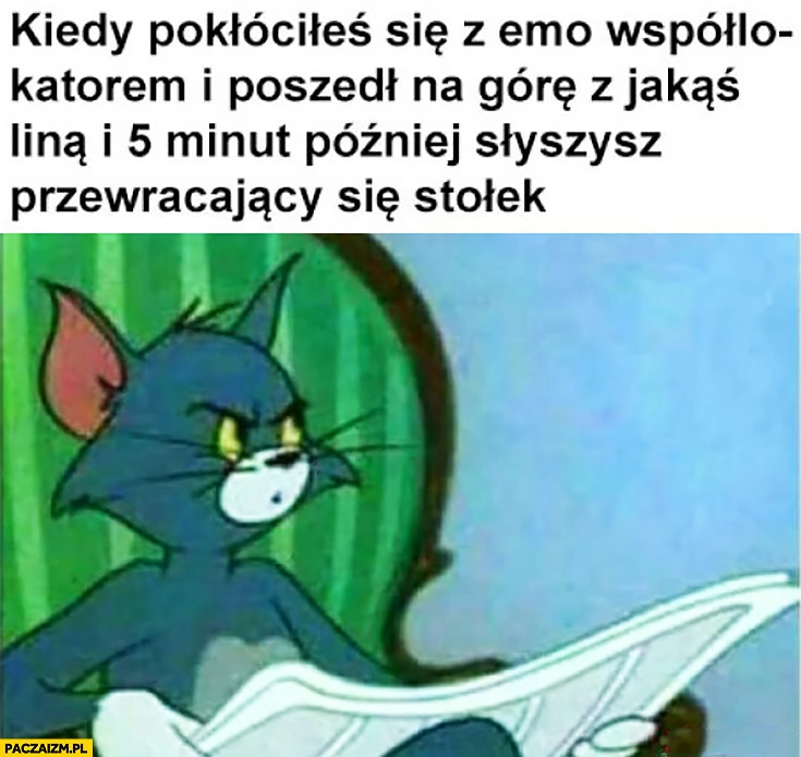 
    Kiedy pokłóciłeś się z emo współlokatorem i poszedł na górę z jakąś liną i 5 minut później słyszysz przewracający się stołek Tom i Jerry