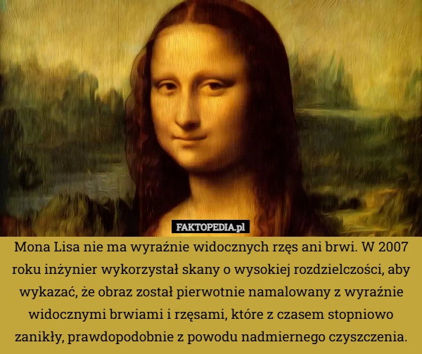 
    Mona Lisa nie ma wyraźnie widocznych rzęs ani brwi. W 2007 roku inżynier