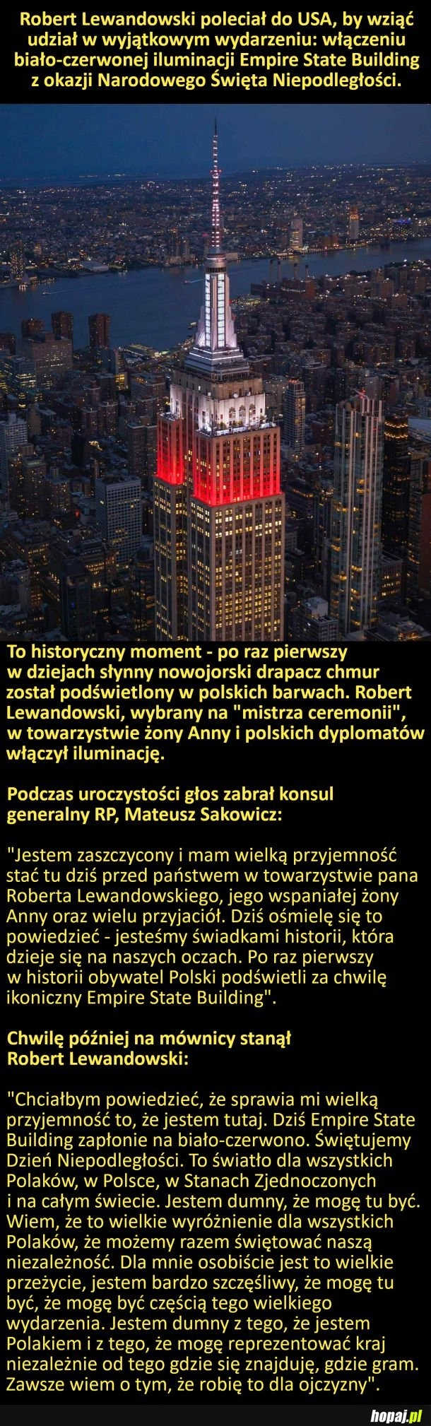 Historyczny moment w Nowym Jorku: Robert Lewandowski rozświetlił Empire State Building na biało-czerwono